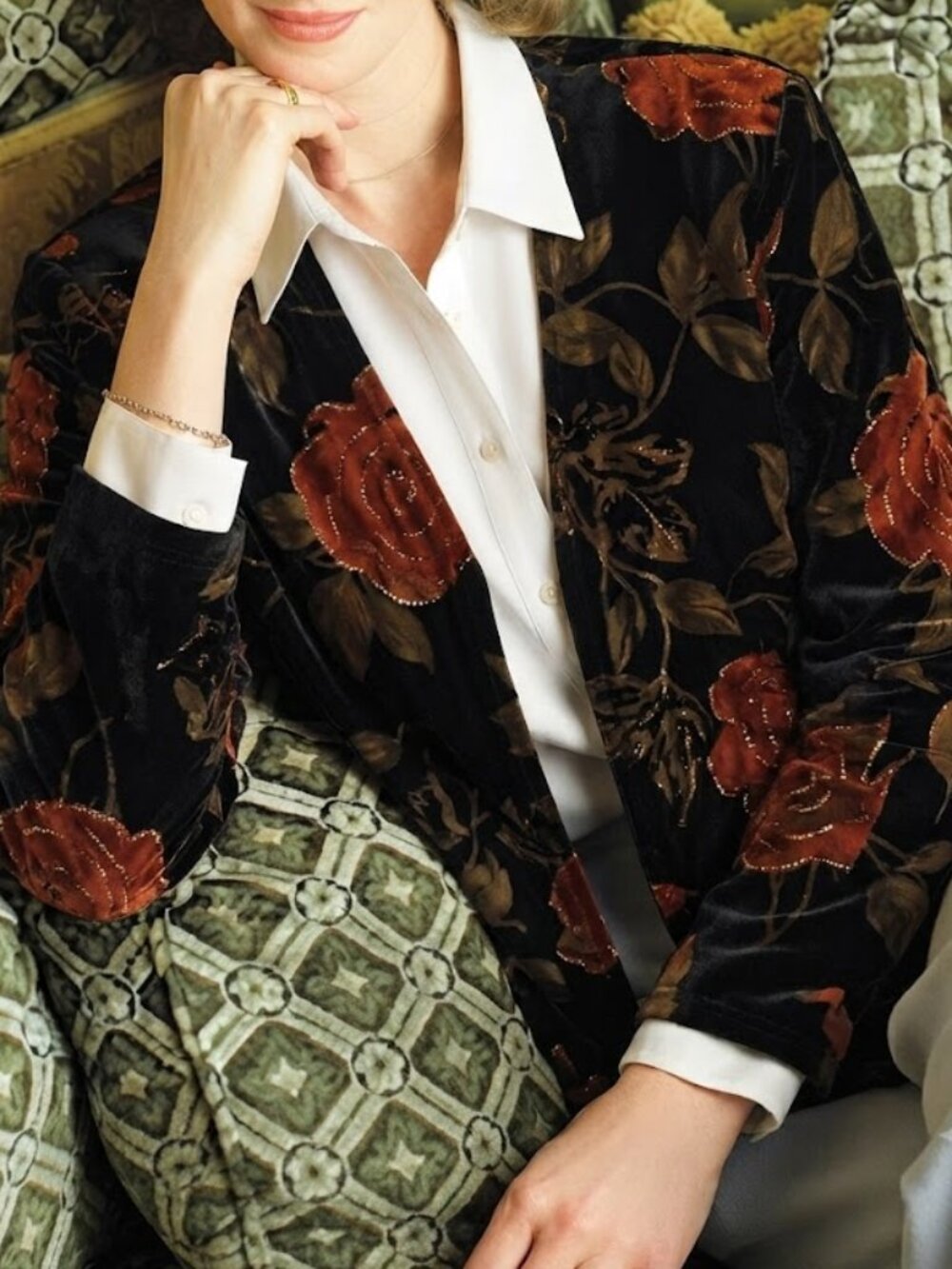 Coldwater Creek Vintage Dark Floral Velvet Open Front Women's Cardigan Large